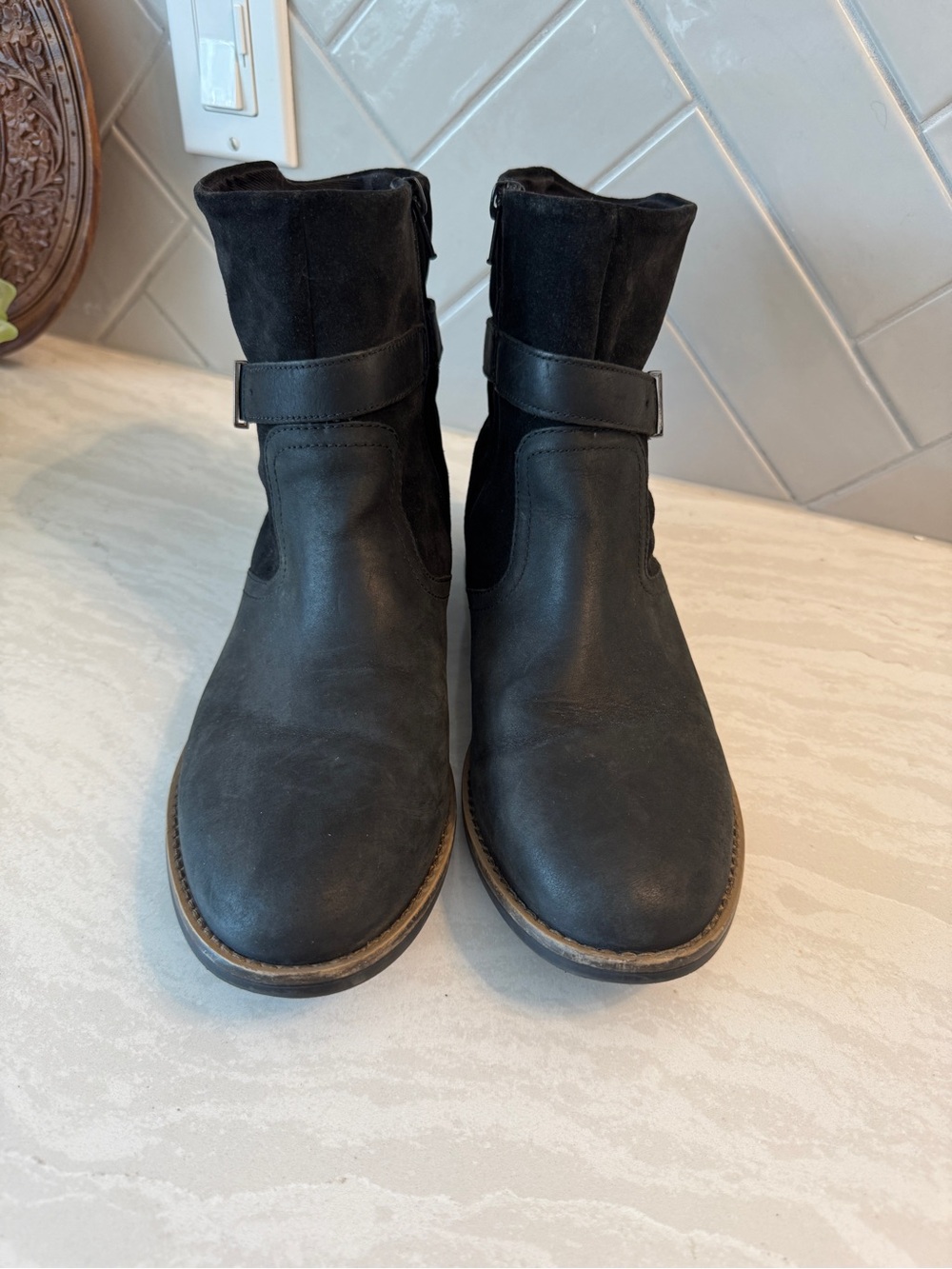 Clarks Black Leather & Suede Ankle Boots with Strap